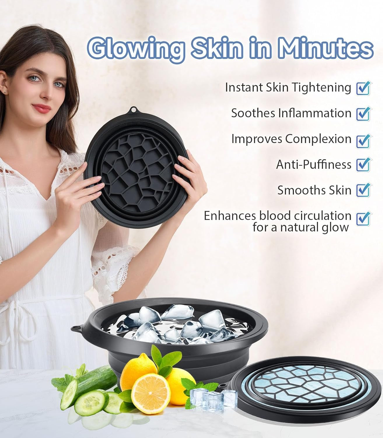 Ice Tray Face Bowl for Ice with Built-In  – Collapsible Silicone Facial Ice Bath Bowl for Cold Plunge Therapy, Skin Tightening & Acne Relief – Portable Spa Tool for Home & Travel(Black)