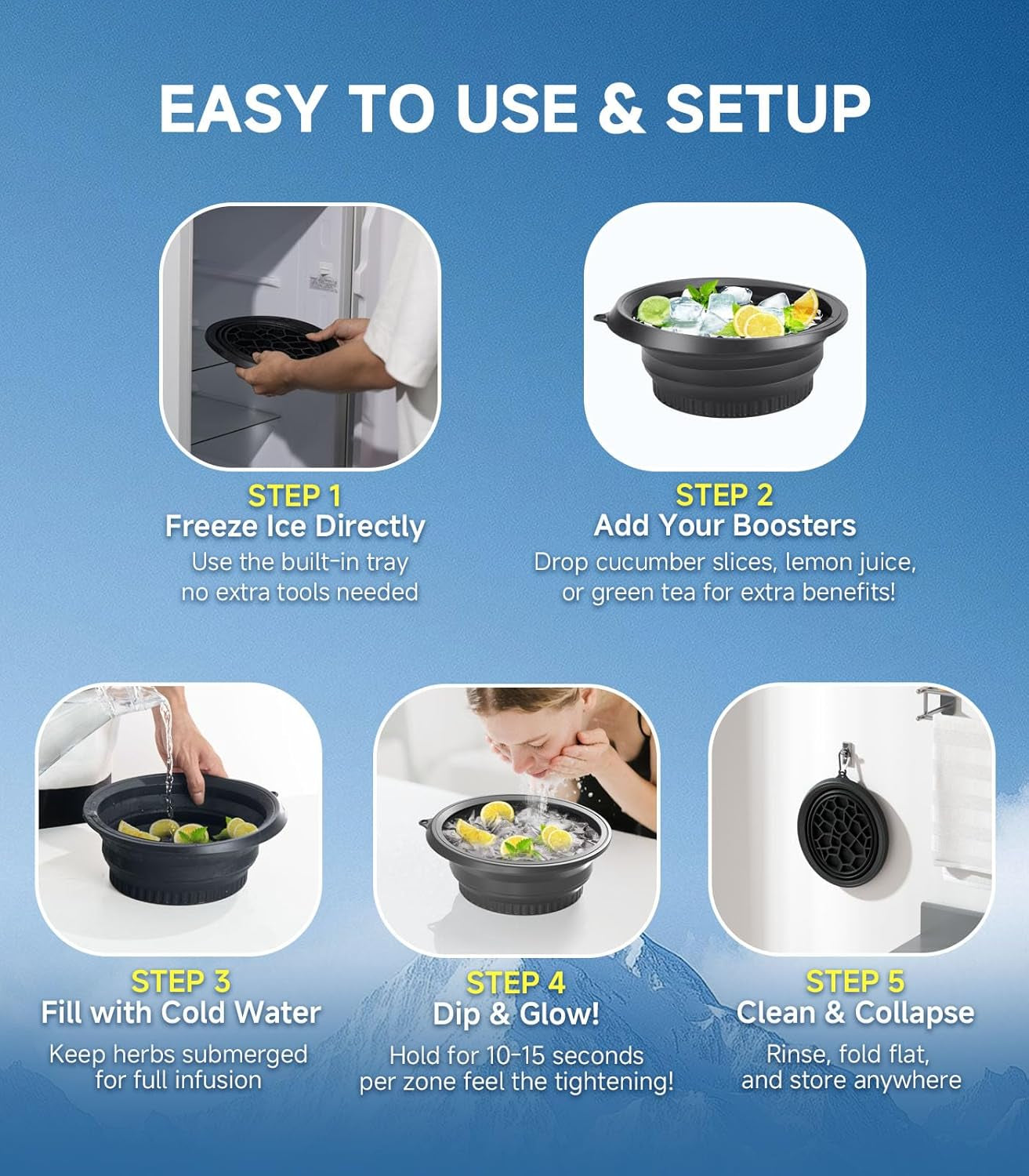 Ice Tray Face Bowl for Ice with Built-In  – Collapsible Silicone Facial Ice Bath Bowl for Cold Plunge Therapy, Skin Tightening & Acne Relief – Portable Spa Tool for Home & Travel(Black)