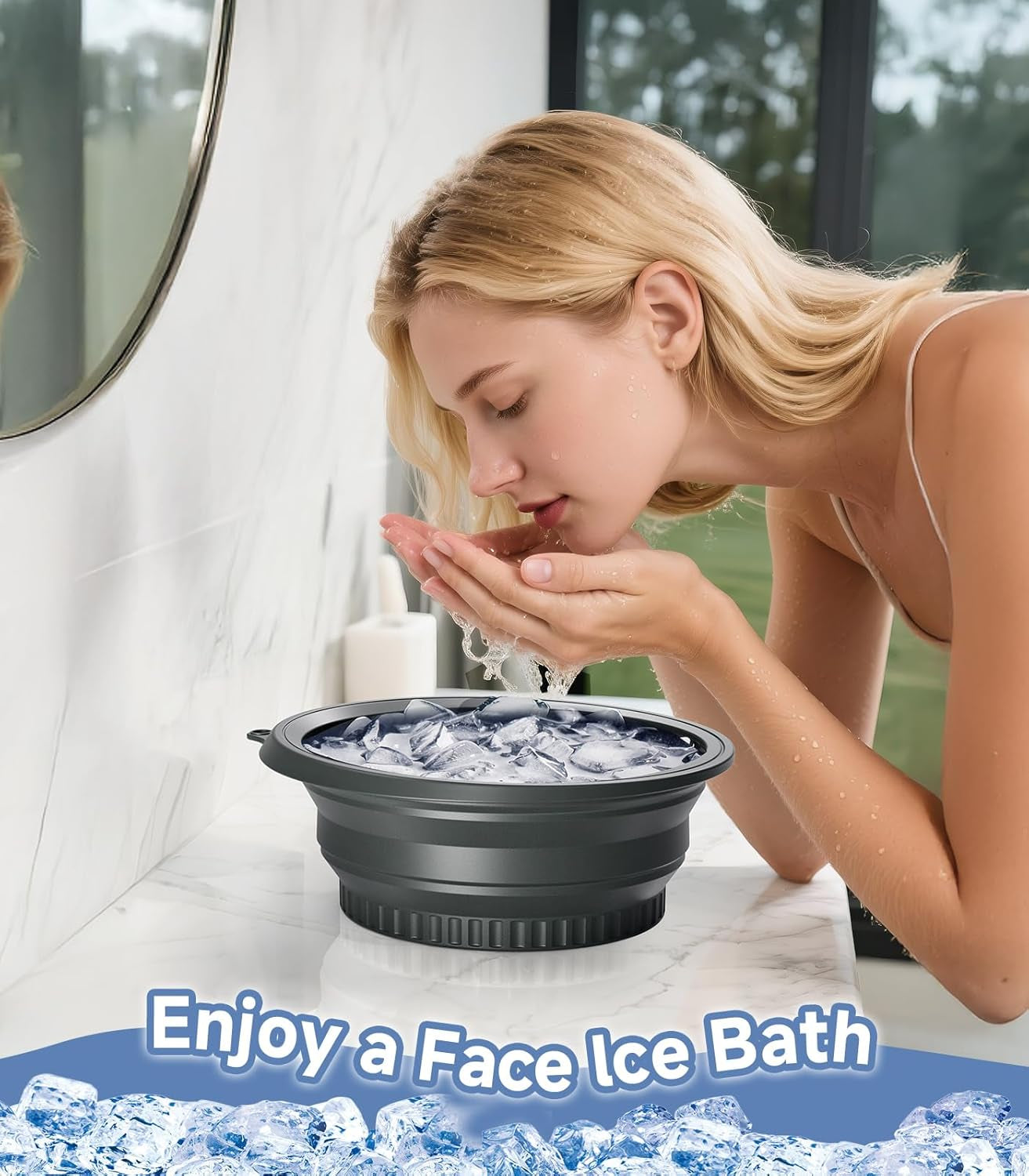 Ice Tray Face Bowl for Ice with Built-In  – Collapsible Silicone Facial Ice Bath Bowl for Cold Plunge Therapy, Skin Tightening & Acne Relief – Portable Spa Tool for Home & Travel(Black)